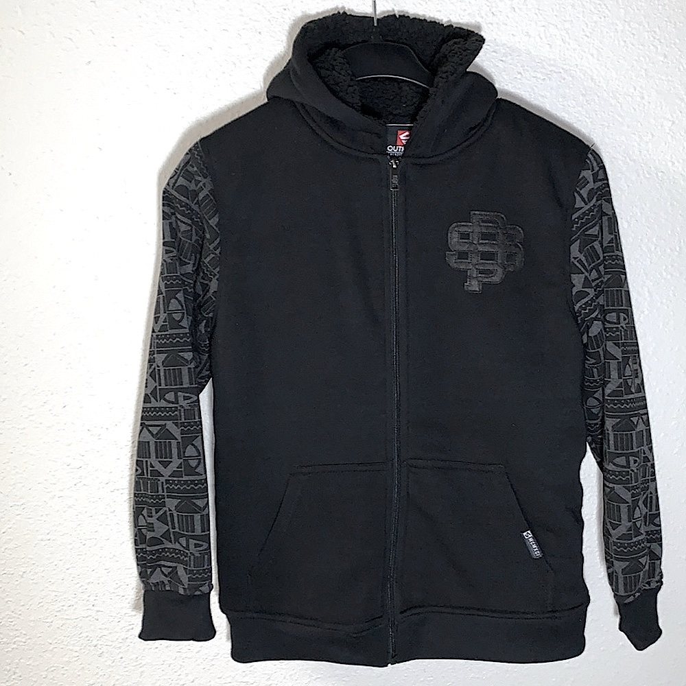 South Pole black plush faux fur lined jacket pattern arms embroidered emblem S